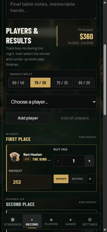 Prize pool and payout split controls showing a 360 dollar pool